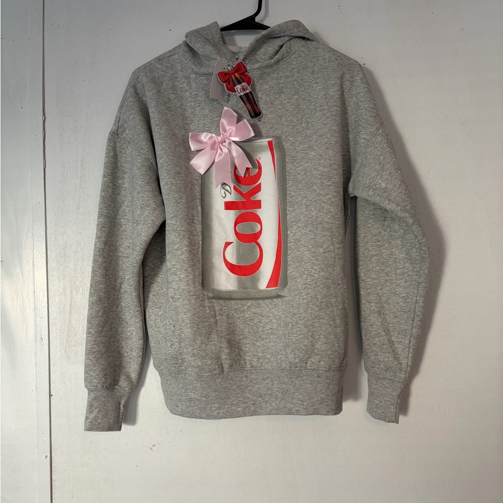 Diet Coke Gray PINK BOW HOODIE Sweatshirt Limited Edition XXS NWT - Picture 2 of 6